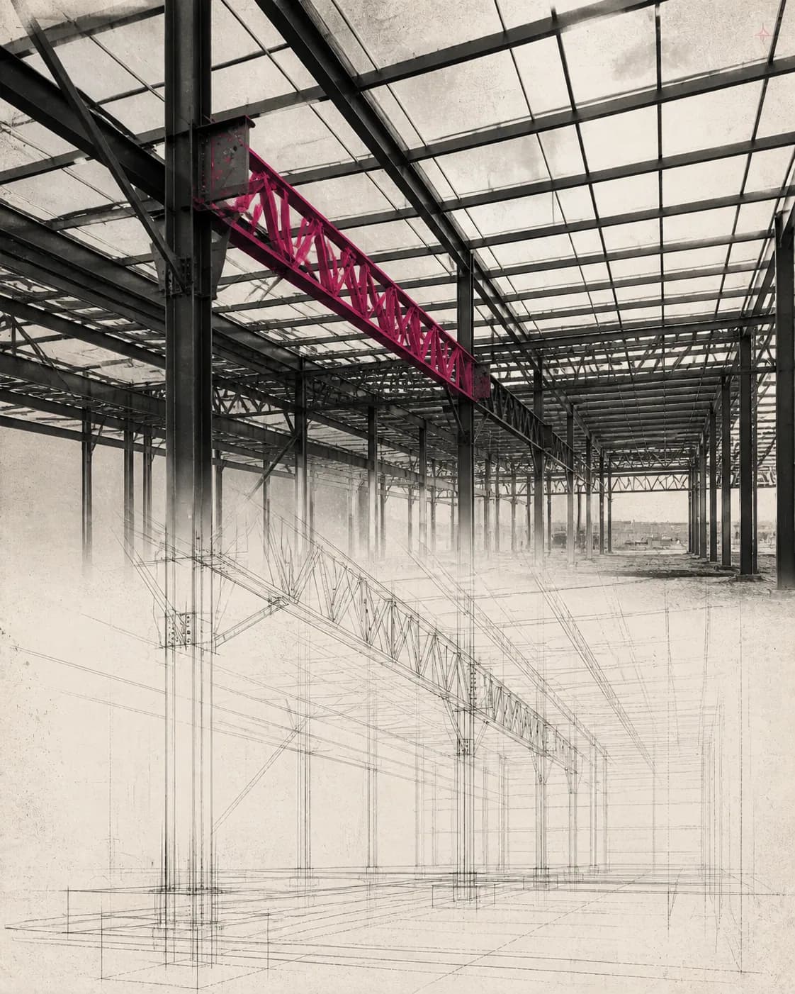 Estructura metálica de una nave en construcción con plano técnico superpuesto